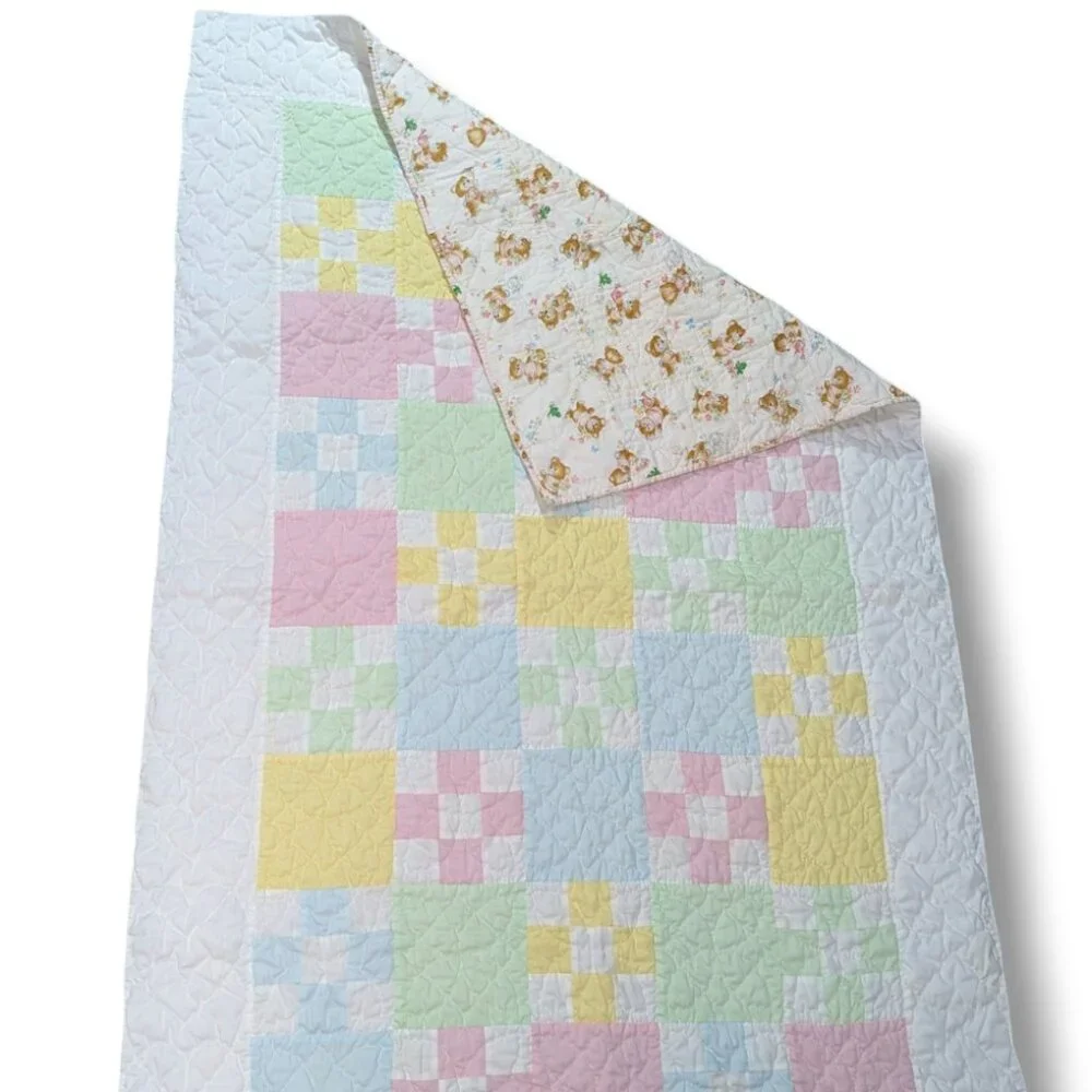 Vintage Hand Stitched Baby Crib Quilt Color Block Bears Gender Neutral 37x61